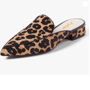 YDN Brown Leopard Low Heel Comfort Mules Slip on Pointed Toe Backless Sandals